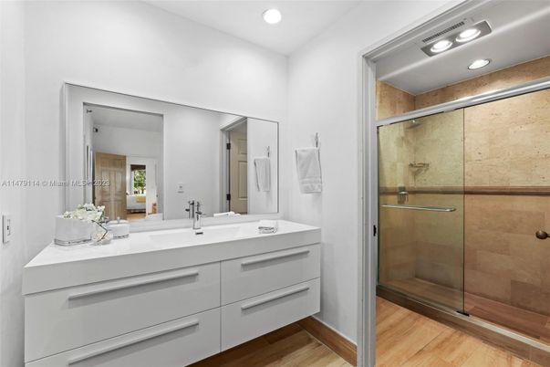 Bathroom, Glass Shower, Interior, Recessed Lighting, Wood Texture Flooring