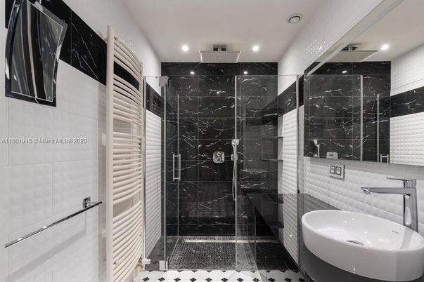 Bathroom, Glass Shower, Interior, Marble Walls, Recessed Lighting