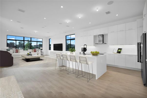 Interior, Kitchen, Living room, Recessed Lighting, Stainless Steel Appliances, Wood Texture Flooring