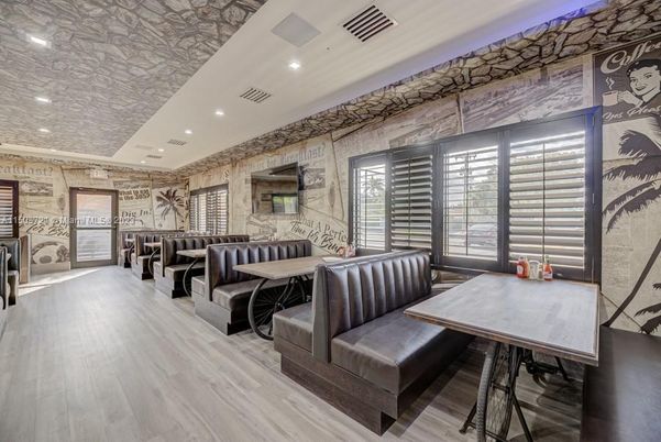 Dining room, Interior, Recessed Lighting, Stone Walls, Wood Texture Flooring