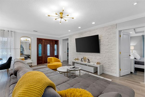 Interior, Living room, Recessed Lighting, Stone Walls, Wood Texture Flooring