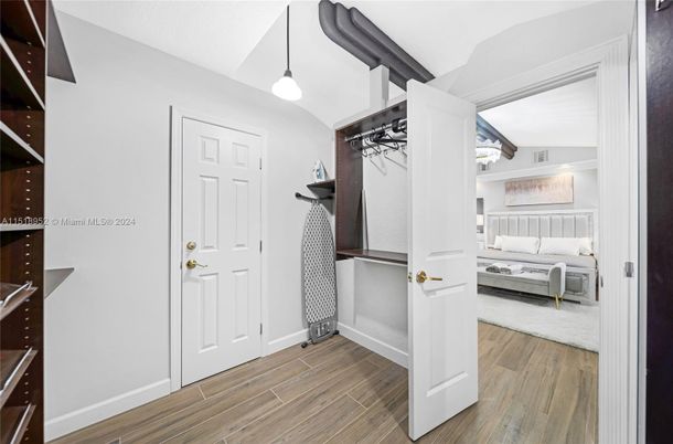 Bedroom, Interior, Pendant Lights, Wood Texture Flooring