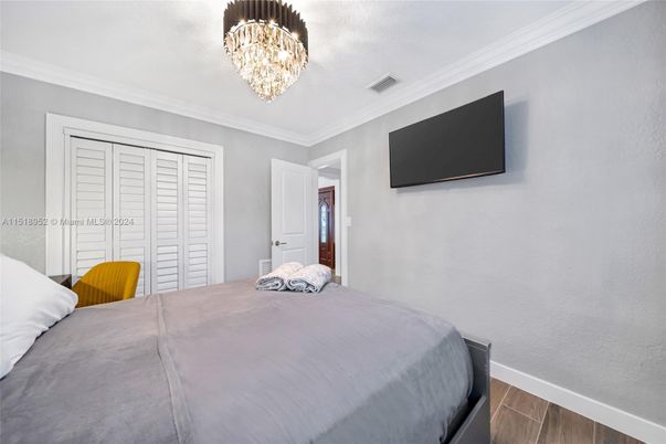 Bedroom, Chandelier, Interior, Wood Texture Flooring
