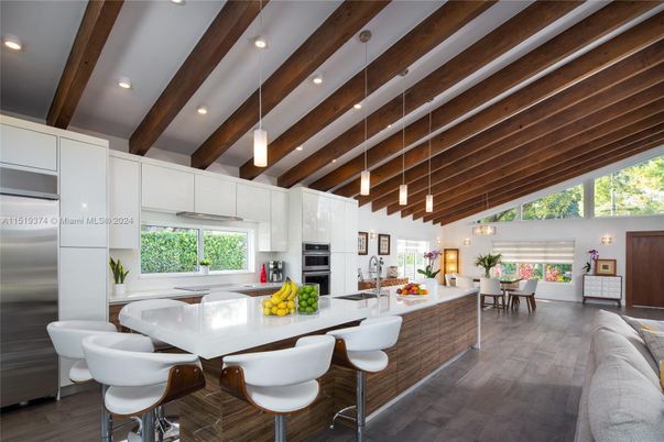 Dining room, Interior, Kitchen, Pendant Lights, Recessed Lighting, Stainless Steel Appliances, Wooden Beams, Wood Texture Flooring