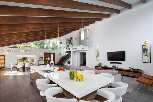 Dining room, Interior, Living room, Pendant Lights, Wooden Beams, Wood Texture Flooring
