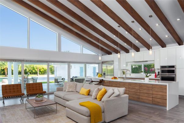 Dining room, Interior, Kitchen, Living room, Pendant Lights, Recessed Lighting, Stainless Steel Appliances, Wooden Beams, Wood Texture Flooring