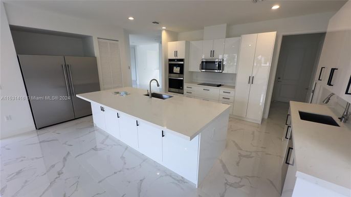 Interior, Kitchen, Marble, Recessed Lighting, Stainless Steel Appliances