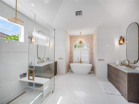 Bathroom, Chandelier, Free Standing Baths, Glass Shower, Interior, Recessed Lighting