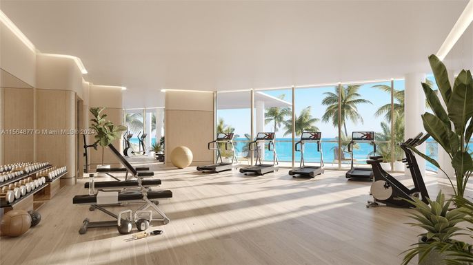 Fitness Equipment, Gym, Interior, Recessed Lighting, Water, Wood Texture Flooring