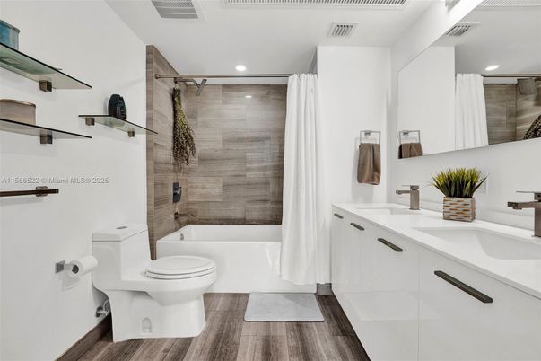 Bathroom, Glass Shower, Interior, Recessed Lighting, Wood Texture Flooring