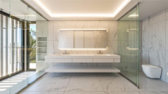 Bathroom, Dual Sink Vanities, Glass Shower, Interior, Marble, Marble Walls, Recessed Lighting