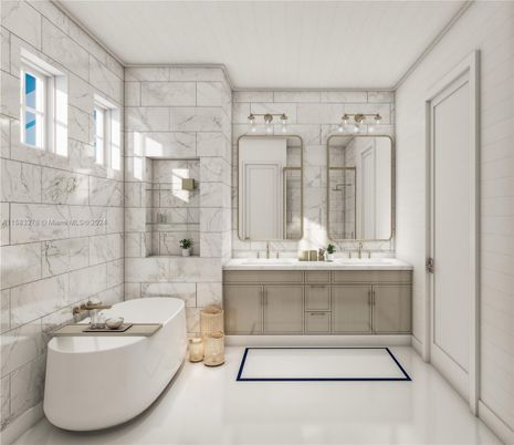 Bathroom, Dual Sink Vanities, Interior, Marble Walls