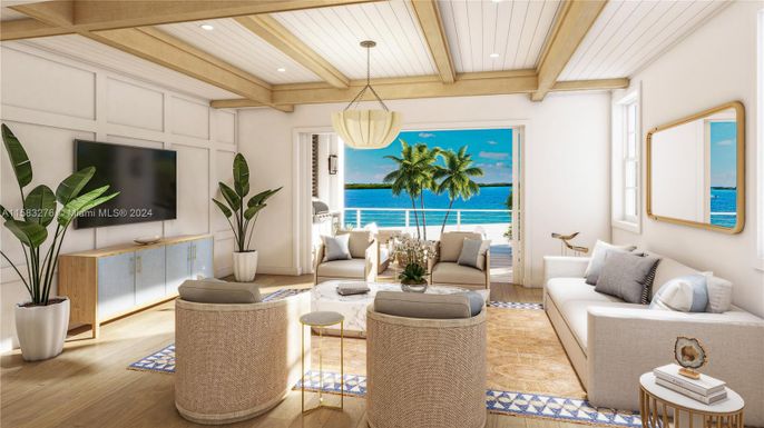 Interior, Living room, Pendant Lights, Recessed Lighting, Water, Wooden Beams, Wooden Ceilings, Wood Texture Flooring
