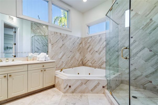 Bathroom, Glass Shower, Interior, Marble Walls, Recessed Lighting