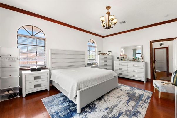 Bedroom, Chandelier, Interior, Wood Texture Flooring