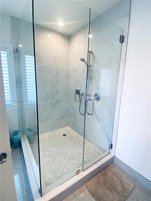 Bathroom, Glass Shower, Interior, Marble Walls, Recessed Lighting