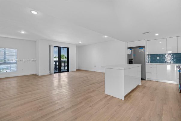 Empty room, Interior, Kitchen, Recessed Lighting, Wood Texture Flooring