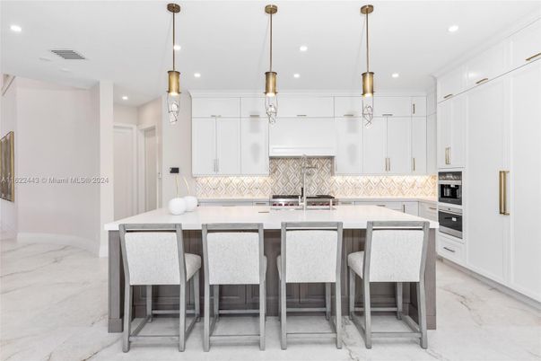 Interior, Kitchen, Marble, Pendant Lights, Recessed Lighting, Stainless Steel Appliances