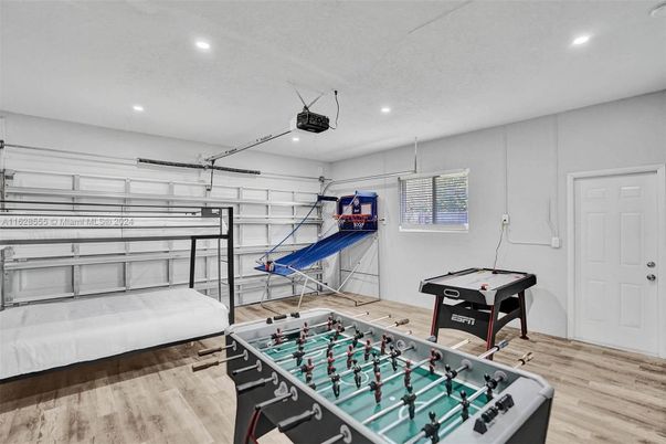 Billiard Table, Game Room, Garage, Interior, Recessed Lighting, Wood Texture Flooring