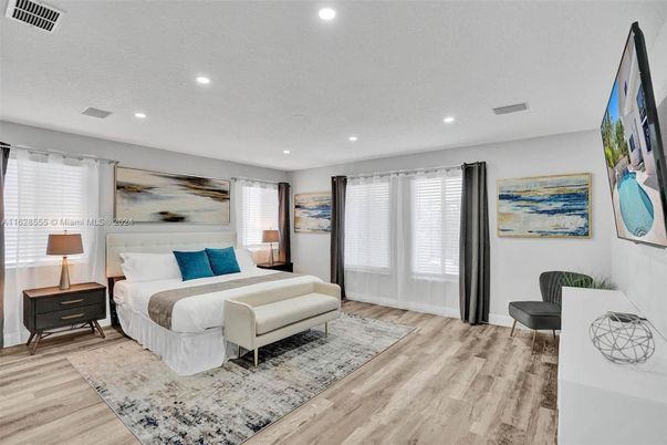 Bedroom, Interior, Recessed Lighting, Wood Texture Flooring