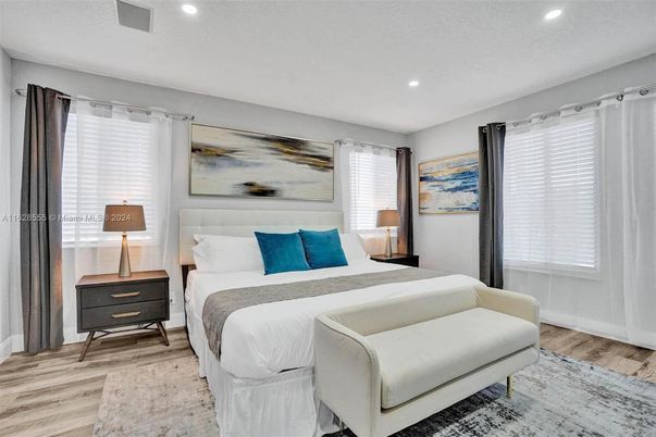 Bedroom, Interior, Recessed Lighting, Wood Texture Flooring
