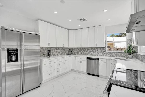 Interior, Kitchen, Marble, Recessed Lighting, Stainless Steel Appliances