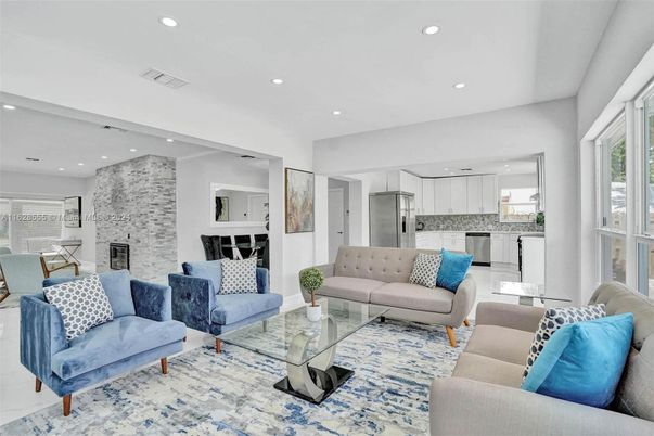 Dining room, Interior, Kitchen, Living room, Recessed Lighting, Stainless Steel Appliances, Stone Walls