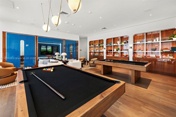 Billiard Table, Game Room, Interior, Living room, Pendant Lights, Recessed Lighting, Wood Texture Flooring