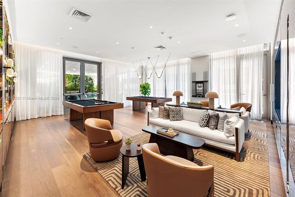 Billiard Table, Game Room, Interior, Living room, Pendant Lights, Recessed Lighting, Wood Texture Flooring