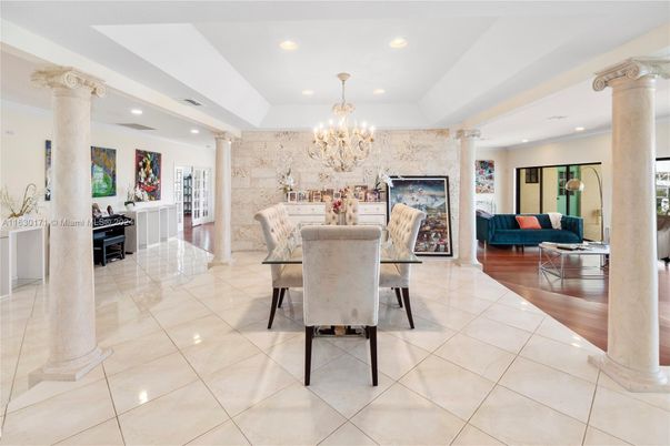 Chandelier, Dining room, Fireplace, Interior, Living room, Recessed Lighting, Wood Texture Flooring