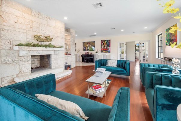 Fireplace, Interior, Living room, Piano, Recessed Lighting, Stone Walls, Wood Texture Flooring