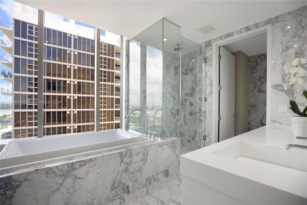 Bathroom, Glass Shower, Interior, Marble, Marble Walls, Recessed Lighting