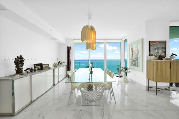 Dining room, Interior, Marble, Pendant Lights, Water