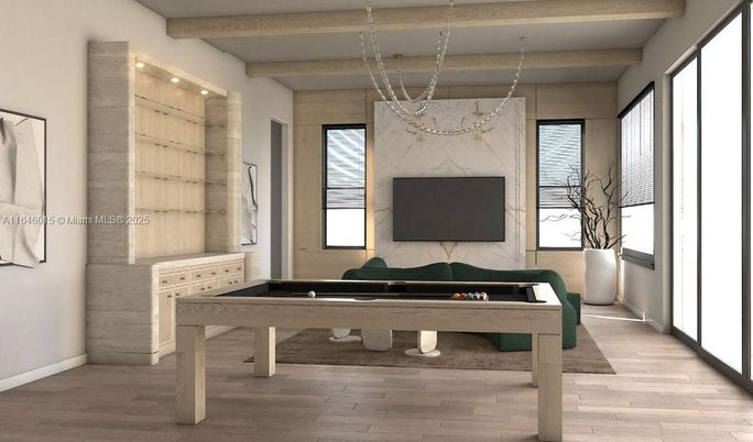 Billiard Table, Game Room, Interior, Living room, Pendant Lights, Wooden Beams, Wood Texture Flooring