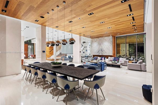 Dining room, Interior, Living room, Pendant Lights, Recessed Lighting, Wooden Ceilings