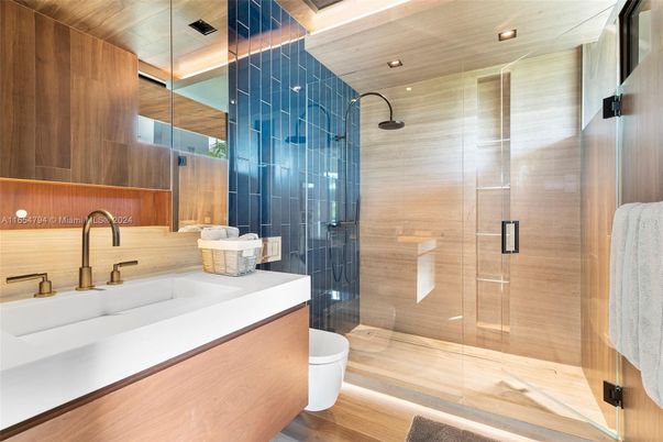 Bathroom, Glass Shower, Interior, Recessed Lighting, Wood Texture Flooring