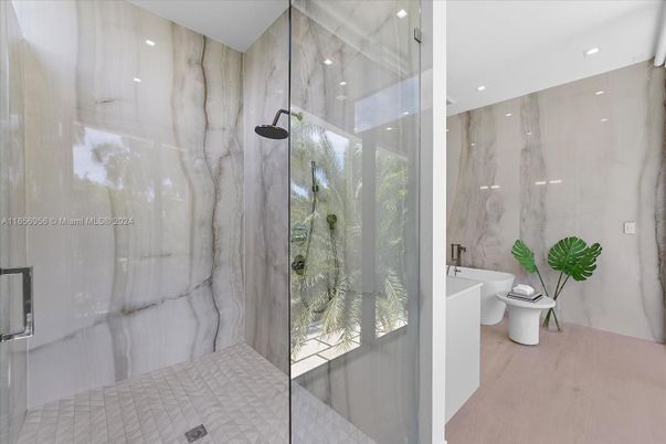 Bathroom, Glass Shower, Interior, Marble Walls, Recessed Lighting