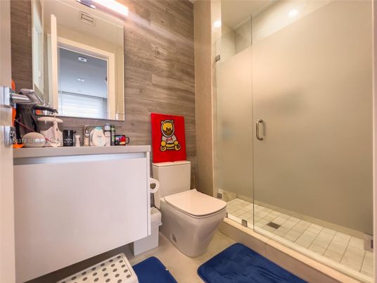 Bathroom, Glass Shower, Interior, Recessed Lighting, Wooden Walls