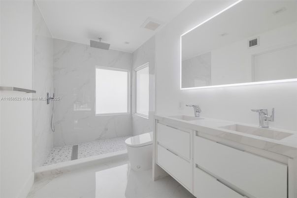Bathroom, Dual Sink Vanities, Glass Shower, Interior, Marble, Marble Walls
