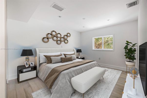 Bedroom, Interior, Recessed Lighting, Wood Texture Flooring