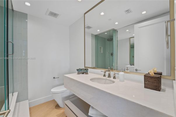 Bathroom, Glass Shower, Interior, Recessed Lighting, Wood Texture Flooring