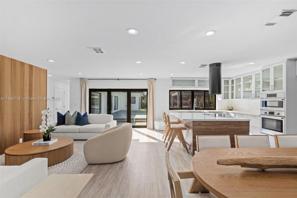Dining room, Interior, Kitchen, Living room, Recessed Lighting, Stainless Steel Appliances, Wood Texture Flooring