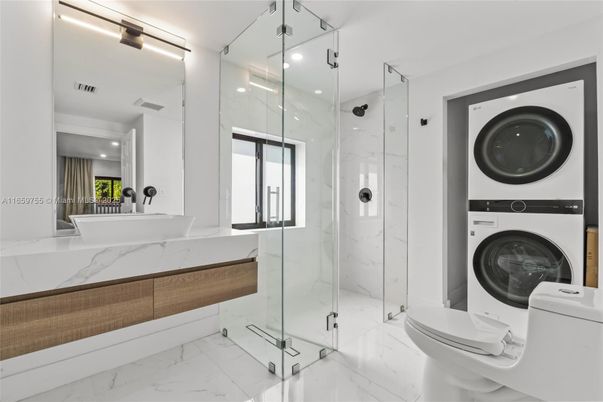 Bathroom, Glass Shower, Interior, Marble, Marble Walls, Recessed Lighting