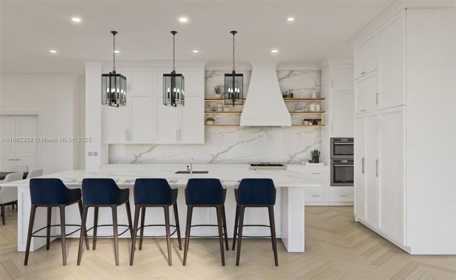 Interior, Kitchen, Marble Walls, Pendant Lights, Recessed Lighting, Wood Texture Flooring