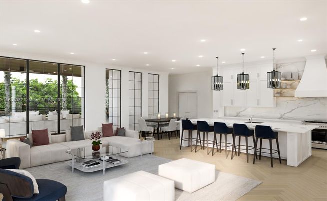Dining room, Interior, Kitchen, Living room, Marble Walls, Pendant Lights, Recessed Lighting, Stainless Steel Appliances, Wood Texture Flooring