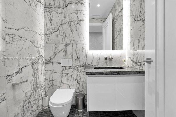 Bathroom, Interior, Marble Walls, Recessed Lighting, Wood Texture Flooring