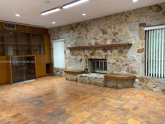 Fireplace, Interior, Recessed Lighting, Stone Walls