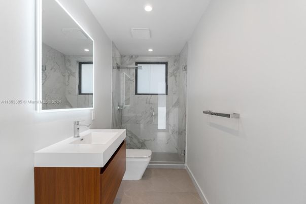 Bathroom, Glass Shower, Interior, Marble Walls, Recessed Lighting