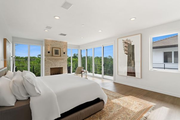 Bedroom, Fireplace, Interior, Recessed Lighting, Wood Texture Flooring