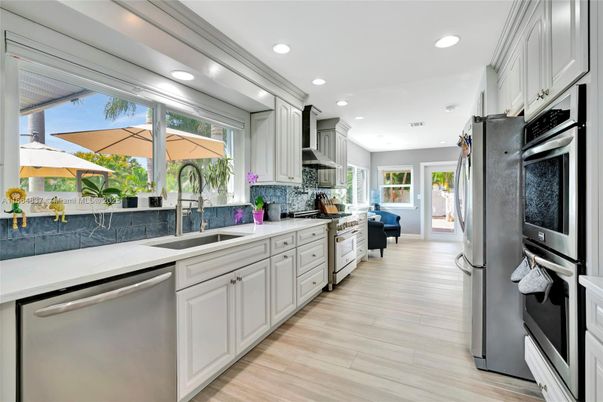 Interior, Kitchen, Recessed Lighting, Stainless Steel Appliances, Wood Texture Flooring